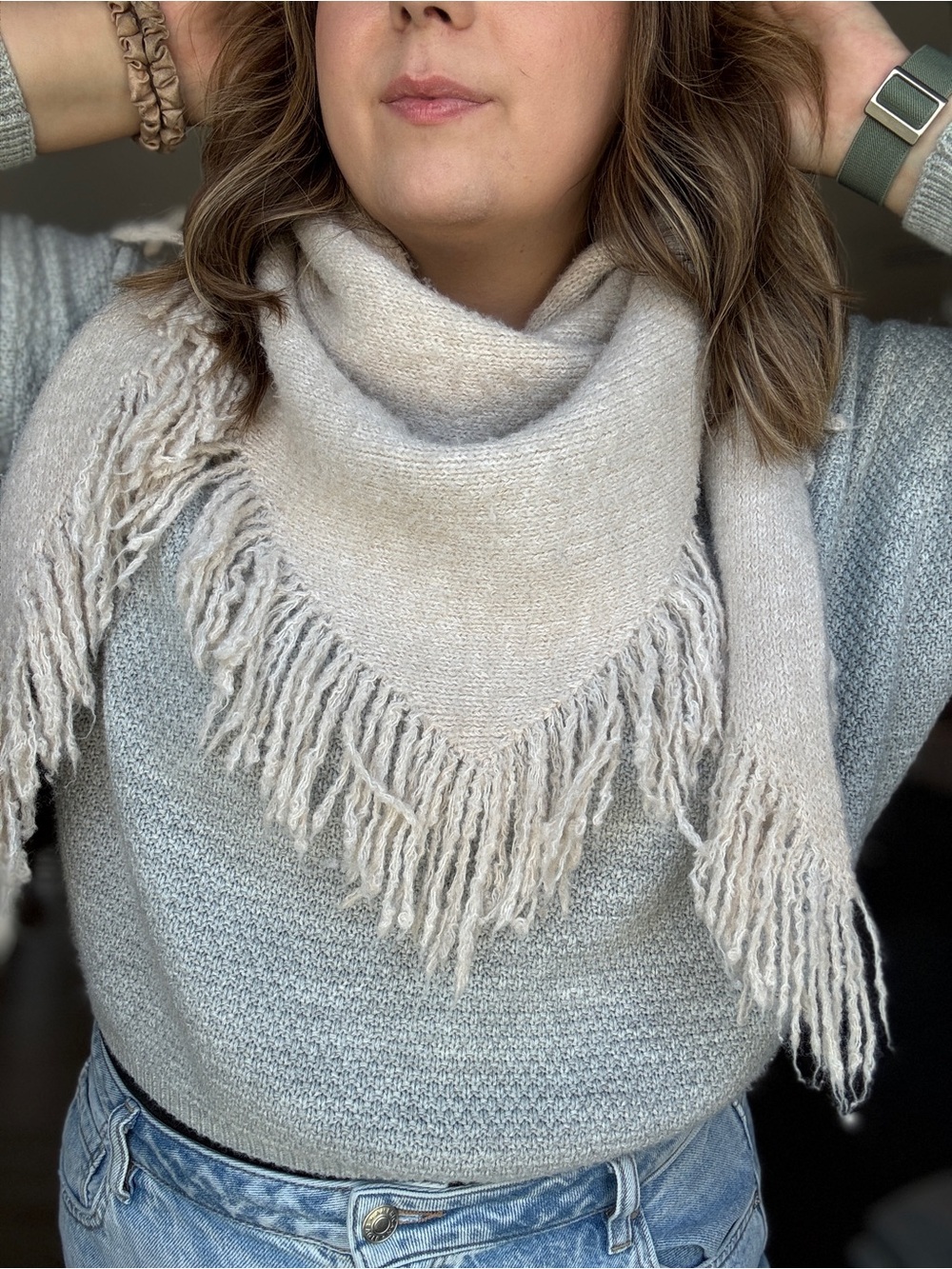Anthropologie Women's Cream White Shay Fringe Knit Triangle Scarf Wrap 75", Cozy